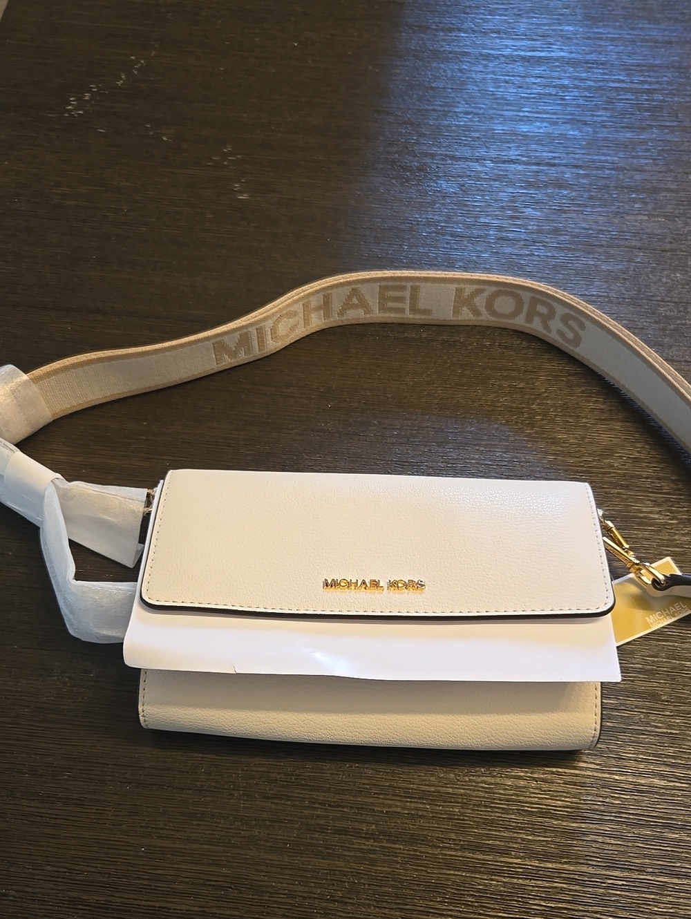 Michael Kors Cream and Gold Crossbody With Branded Strap